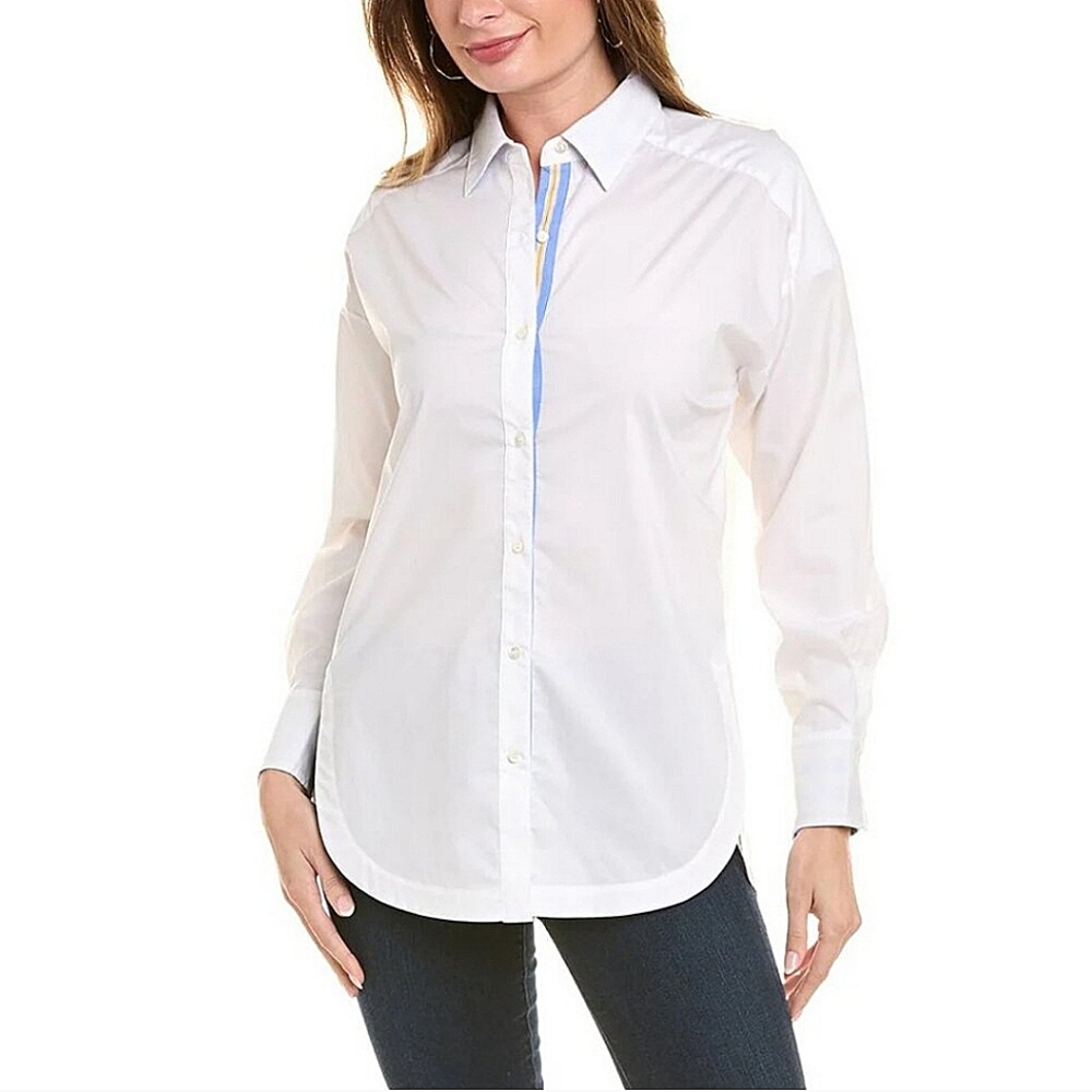 J. McLaughlin Ermine Cotton Contrast Poplin Button Down White Blue Size M